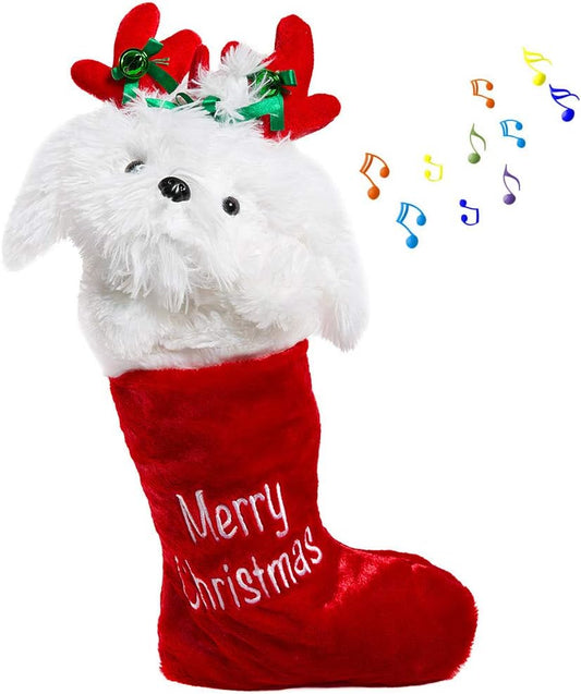HollyHOME Christmas Stockings Animated Puppy Plush Head Stockings with Music and Flapping Ears Hanging Xmas Decoration Kids Gift Socks Ornament White 19 Inch