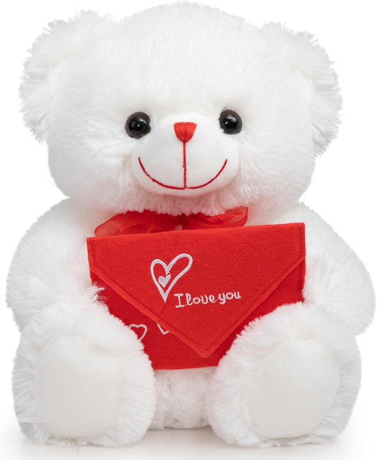 HollyHOME Teddy Bear Stuffed Animal Rose Bear with Red Envelope Soft Plush Toy Holiday Toy Gift 12 inches White