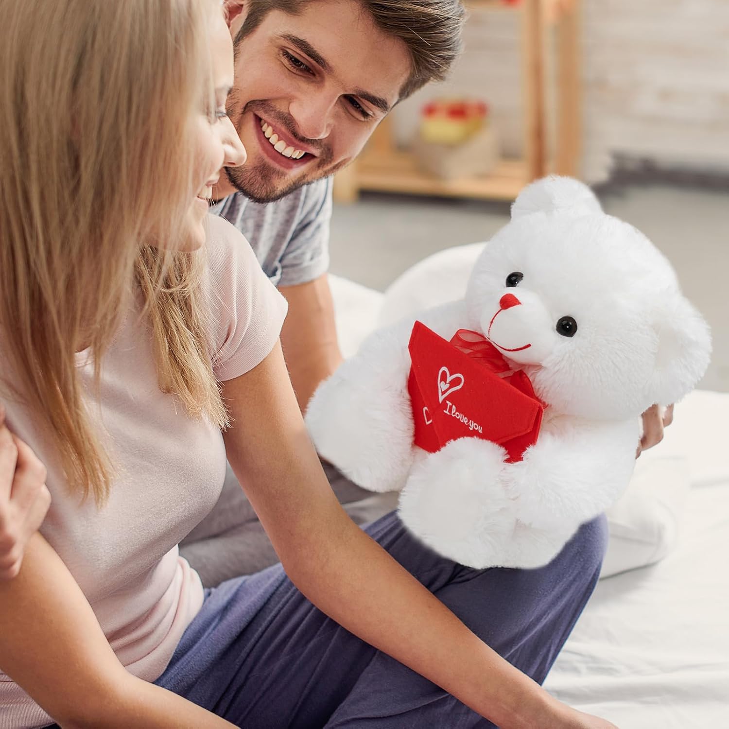 HollyHOME Teddy Bear Stuffed Animal Rose Bear with Red Envelope Soft Plush Toy Holiday Toy Gift 12 inches White